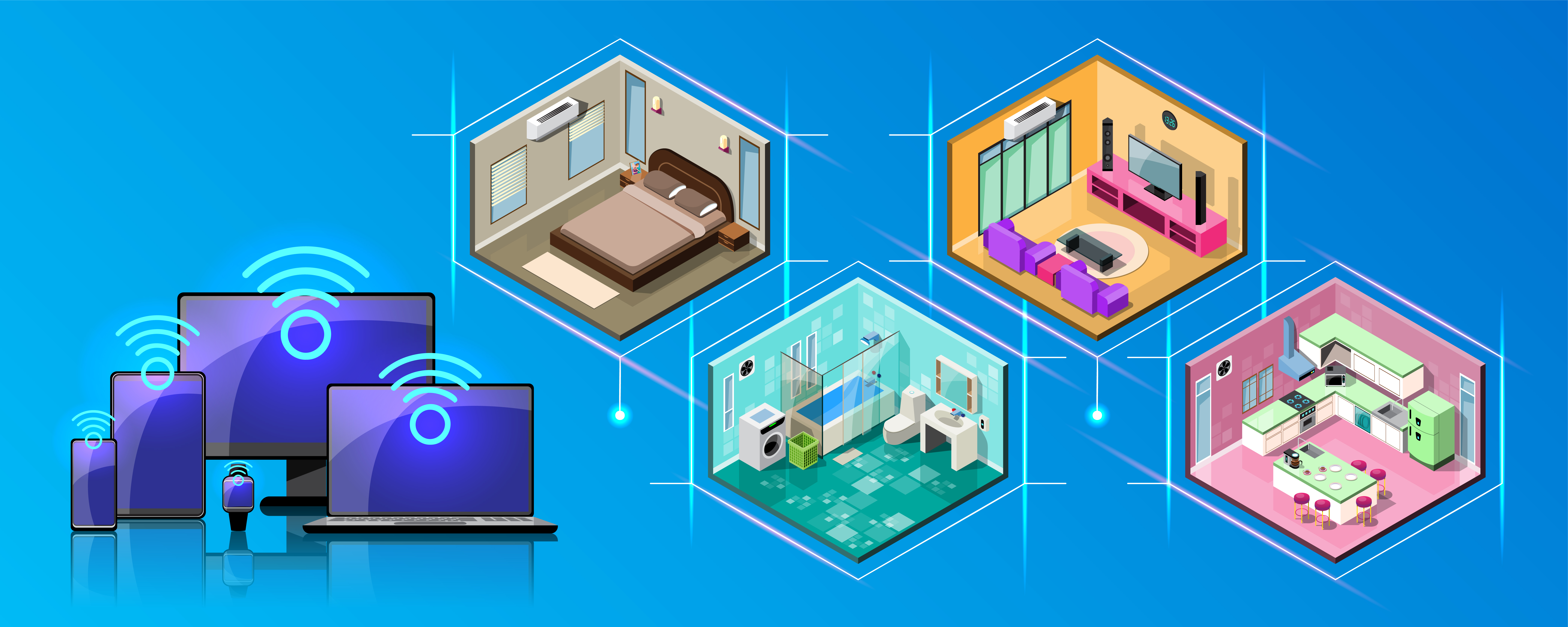 Illustration showing Wi-Fi signal spreading through a house